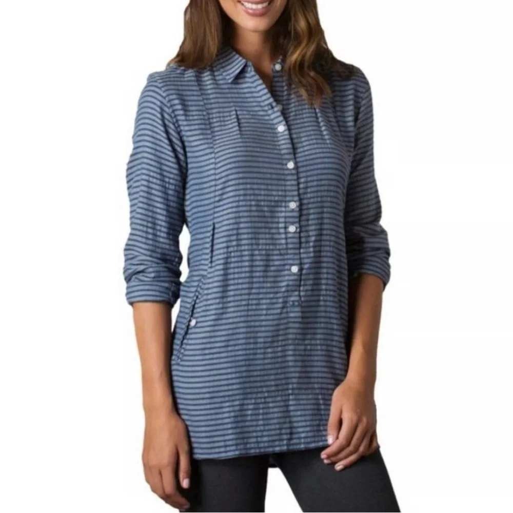 Toad&Co‎ Mixologist Tunic Shirt Womens Small Blue Striped Organic Cotton